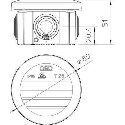 Caja de conexiones T 25 KL con regleta de bornes e insertos.