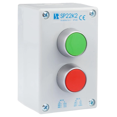 Caja de control de 2 orificios con botones verde/rojo, gris IP65