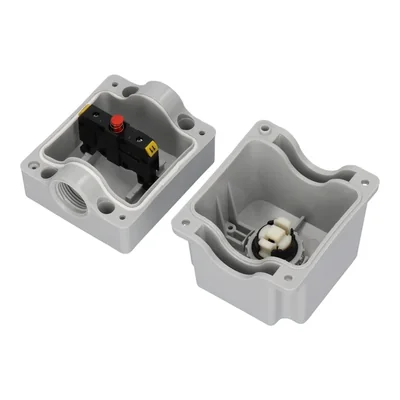 Caja de control de un solo orificio con botón STOP. Botón con botón forrado de color rojo (KC).