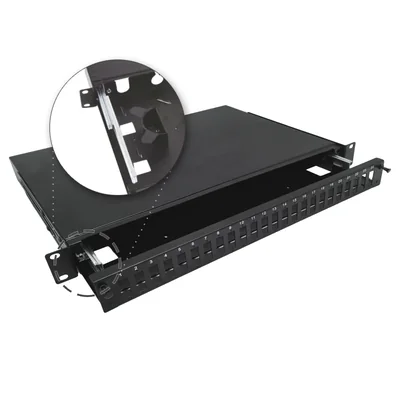 Caja de distribución telescópica de fibra óptica 24xSC dúplex / 24xLC cuádruple 19 1U con accesorios de montaje (prensaestopas, bandas) ALANTEC