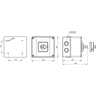 Cam switch 100A, L-O-R reversing switch, in OB18 housing with lockable front