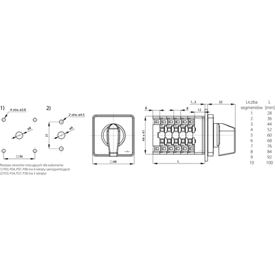 Cam switch 10A, switch disconnector 1-0-2 double-pole, panel-mounted gray face black knob