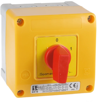 Cam switch 16A, 0-1 three-pole switch, in OB12 housing with yellow-red front