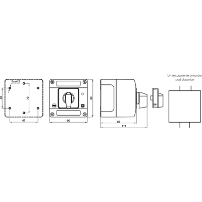 Cam switch 16A, 0-1 three-pole switch, in OB12 housing with yellow-red front