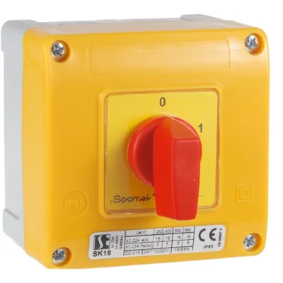 Cam switch 16A, L-O-R reversing switch, in OB11 housing with yellow-red lockable front