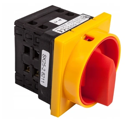 Cam switch 25A, three-pole switch disconnector 0-1, panel mounting, yellow-red lockable front