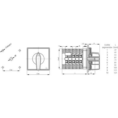 Cam switch 32A, switch for reversing the direction of rotation L-O-R, panel mounting, yellow-red lockable front