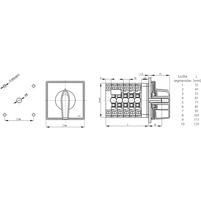 Cam switch 40A, switch for reversing the direction of rotation L-O-R, panel mounting, front closed, black