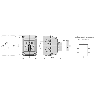 Cam switch 63A, 0-1 three-pole switch, in OB2 housing with yellow-red lockable front