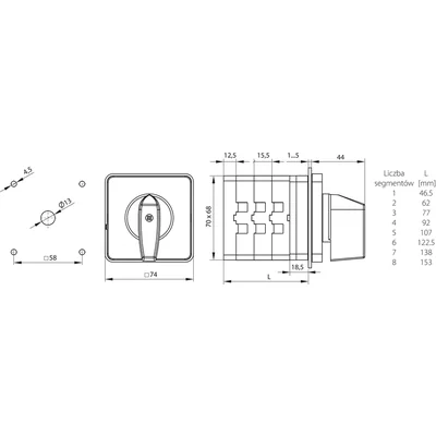 Cam switch 63A, 0-1 three-pole switch, panel-mounted gray face black knob