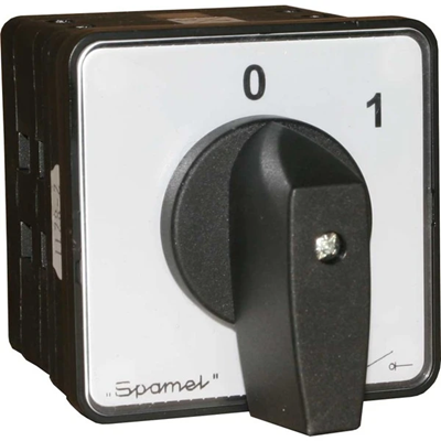 Cam switch 63A, 0-1 three-pole switch, panel-mounted gray face black knob