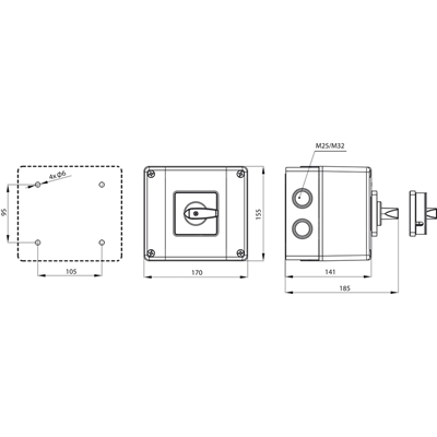 Cam switch 63A, three-pole 1-0-2 switch disconnector, OB16 enclosure with lockable front