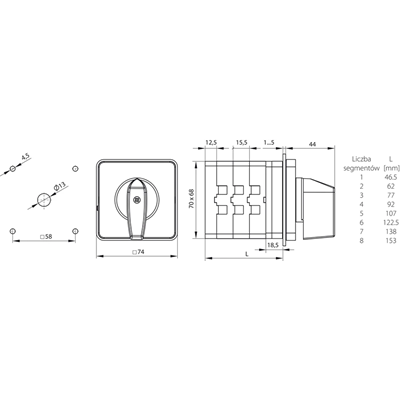 Cam switch 63A, three-pole 1-0-2 switch disconnector, panel mounting, yellow-red lockable front