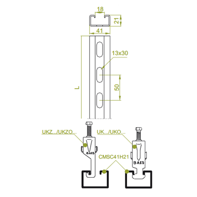 Canal de montaje galvanizado, largo 0,2 m, ancho 41 mm, alto 21 mm