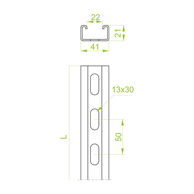 Canal de montaje galvanizado, largo 2 m, ancho 41 mm, alto 21 mm