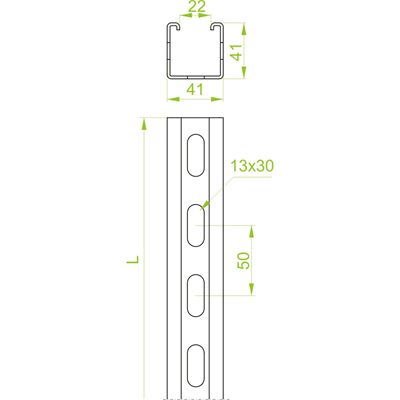 Canal de montaje galvanizado, largo 2 m, ancho 41 mm, alto 41 mm