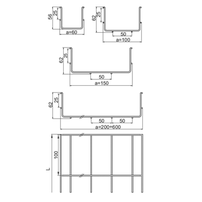 Canal galvanizado, ancho 600 mm, largo 3 m, alto 60 mm