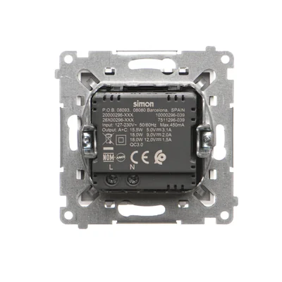 Cargador rápido USB tipo C+A Simon 55 WMDS-0041L2-111 de 5/9/12 V (módulo), 3,1 A, 5 V CC, 230 V; color blanco mate. Sustituto del modelo de fin de producción: TEC2CAQ.01/111