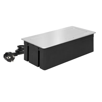 Casete para muebles NOEN empotrado en la superficie de la mesa con marco de PVC integrado para enchufes modulares de 3 x 45 x 45 mm o 6 x 22,5 x 45 mm, cable de 1,5 m, color plata.