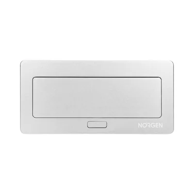 Casete para muebles NOEN empotrado en la superficie de la mesa con marco de PVC integrado para enchufes modulares de 3 x 45 x 45 mm o 6 x 22,5 x 45 mm, cable de 1,5 m, color plata.