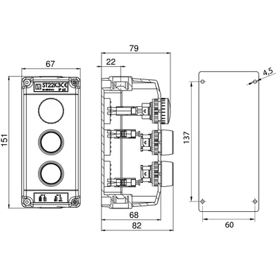 Cassette completo de 3 orificios con accionamiento LC, KC, KZ y 2 casquillos M20, ceniza 230V