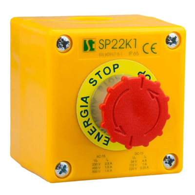 Cassette with rotary safety button 1 NC contact IP65 yellow 1x M20 gland