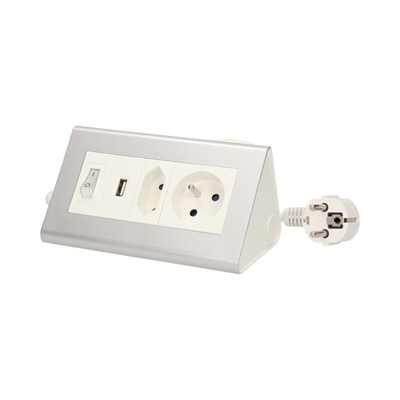 Cavo prolunga da tavolo con interruttore e caricatore USB 5V DC/2,1A, 1 x 2,5A 2P/II + 1 x 16A 2P+Z argento