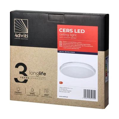 CERS LED 16W, ceiling lamp with microwave motion sensor, 1300lm, IP65, 4000K, milky polycarbonate, white, dimmable