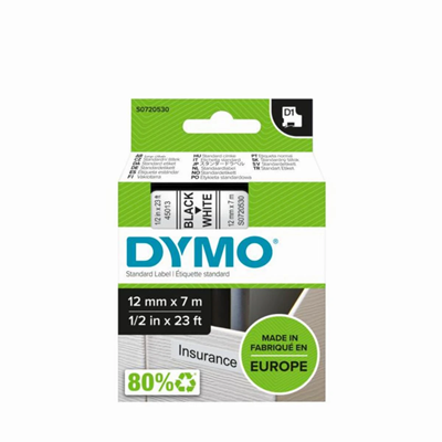 Cinta DYMO D1 12mm x 7m impresión blanca/negra 45013