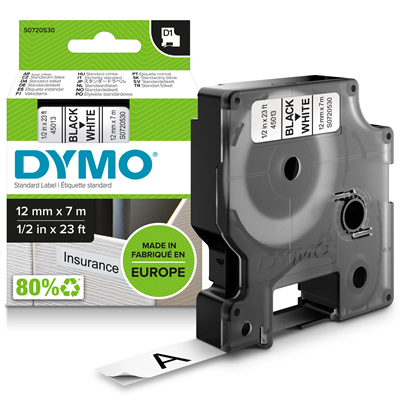 Cinta DYMO D1 12mm x 7m impresión blanca/negra 45013