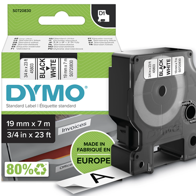 Cinta DYMO D1 19mm x 7m impresión blanca/negra 45803