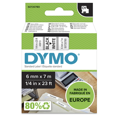 Cinta DYMO D1 6mm x 7m impresión blanca/negra 43613