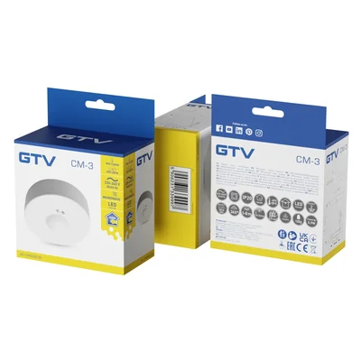 CM-3 MICROWAVE MOTION SENSOR, max. 1200W, AC 220-240V, 50/60Hz, OPERATING ANGLE 360*, RANGE 1-8m ± 1.5- 3.5m, IP20, WORKS WITH LED, SURFACE-MOUNTED, WHITE