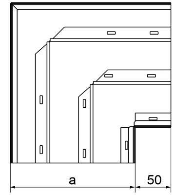 Codo de tres vías galvanizado, ancho 250 mm, alto 28 mm