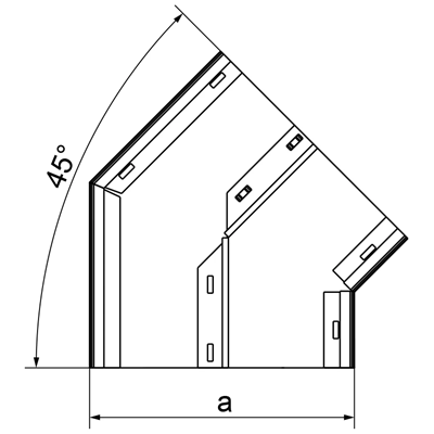 Codo galvanizado de doble vía, 45 grados, ancho 250 mm, alto 38 mm