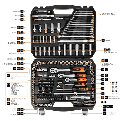 Coffret de clés à douille 1/2, 3/8, 1/4, 220 pièces, finition satinée