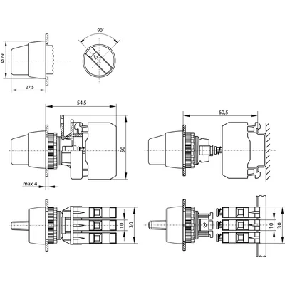 Commutateur à torsion à deux positions, blanc, 1 contact normalement ouvert, 1 contact normalement fermé, lumineux