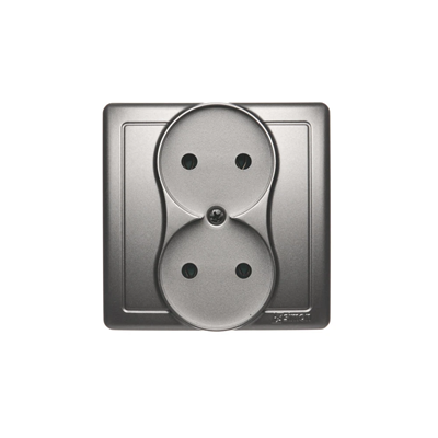 Complete double socket-outlet 230V, metallic satin