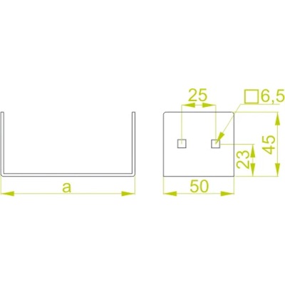 Conector galvanizado, ancho 595 mm, alto 50 mm