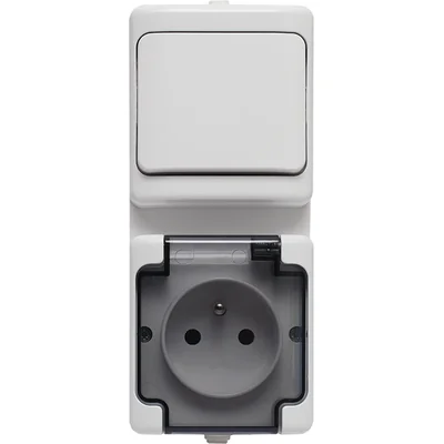 Conjunto vertical BRYZA: interruptor simple blanco IP54 + toma de corriente simple IP54; blanco, tapa ahumada BLANCO