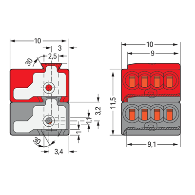 Connecteur pour bornes réseau 4x0,6-0,8mm² gris foncé/rouge 50pcs.