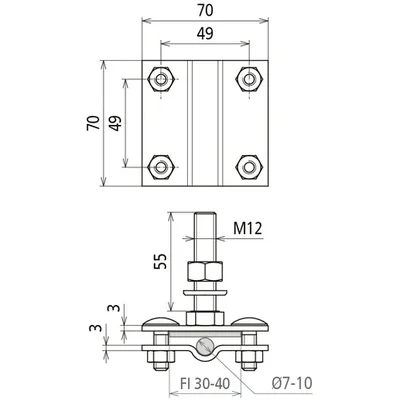 Connection terminal with threaded pin for M12 earthing terminal with diameter 7-10 mm (wire) / width 30-40 mm (flat bar), stainless steel AK 7.10 FL40 GBM12X55 V4A