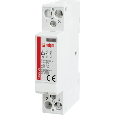 Contactor de instalación, 2 polos, 1 NA (1-2) + 1 N/C (R3-R4) RIK20-11-230