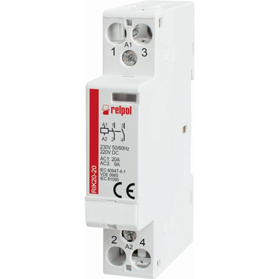 Contactor de instalación, 2 polos, 1 NA (1-2) + 1 N/C (R3-R4) RIK20-11-230