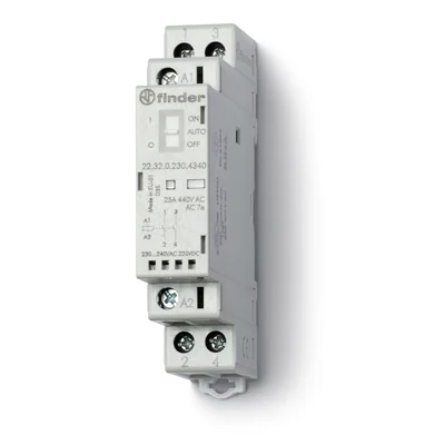 Contattore modulare 2 NO; 25A; 230V AC/DC; AUTO-ON-OFF + indicatore meccanico + LED, 22.32.0.230.4340