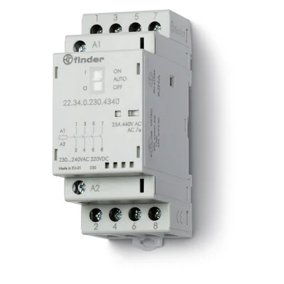 Contattore modulare 4 NO; 25A; 230V AC/DC; ACCENSIONE-SPEGNIMENTO AUTOMATICO + indicatore meccanico + LED, 22.34.0.230.4340