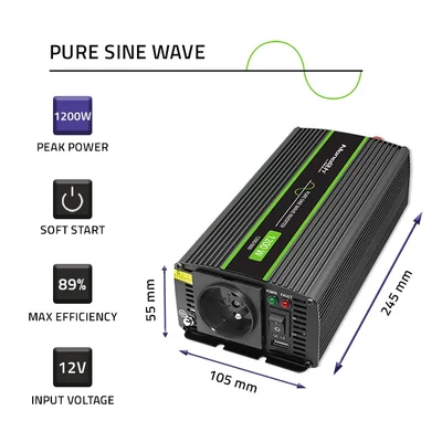 Convertidor de voltaje Qoltec Monolith | 600 W | 1200 W | 12 V a 230 V | Sinusoidal pura