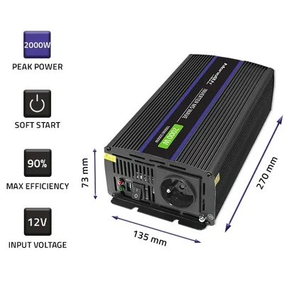 Convertisseur de tension Qoltec Monolith 2000 MS Wave | 12 V à 230 V | 1000/2000 W | USB