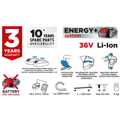 Cortasetos inalámbrico Energy+ de 36 V con batería de iones de litio, ancho de corte de 520 mm, sin batería.