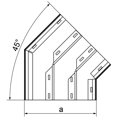 Coude à trois voies galvanisé à 45 degrés, largeur 350 mm, hauteur 38 mm